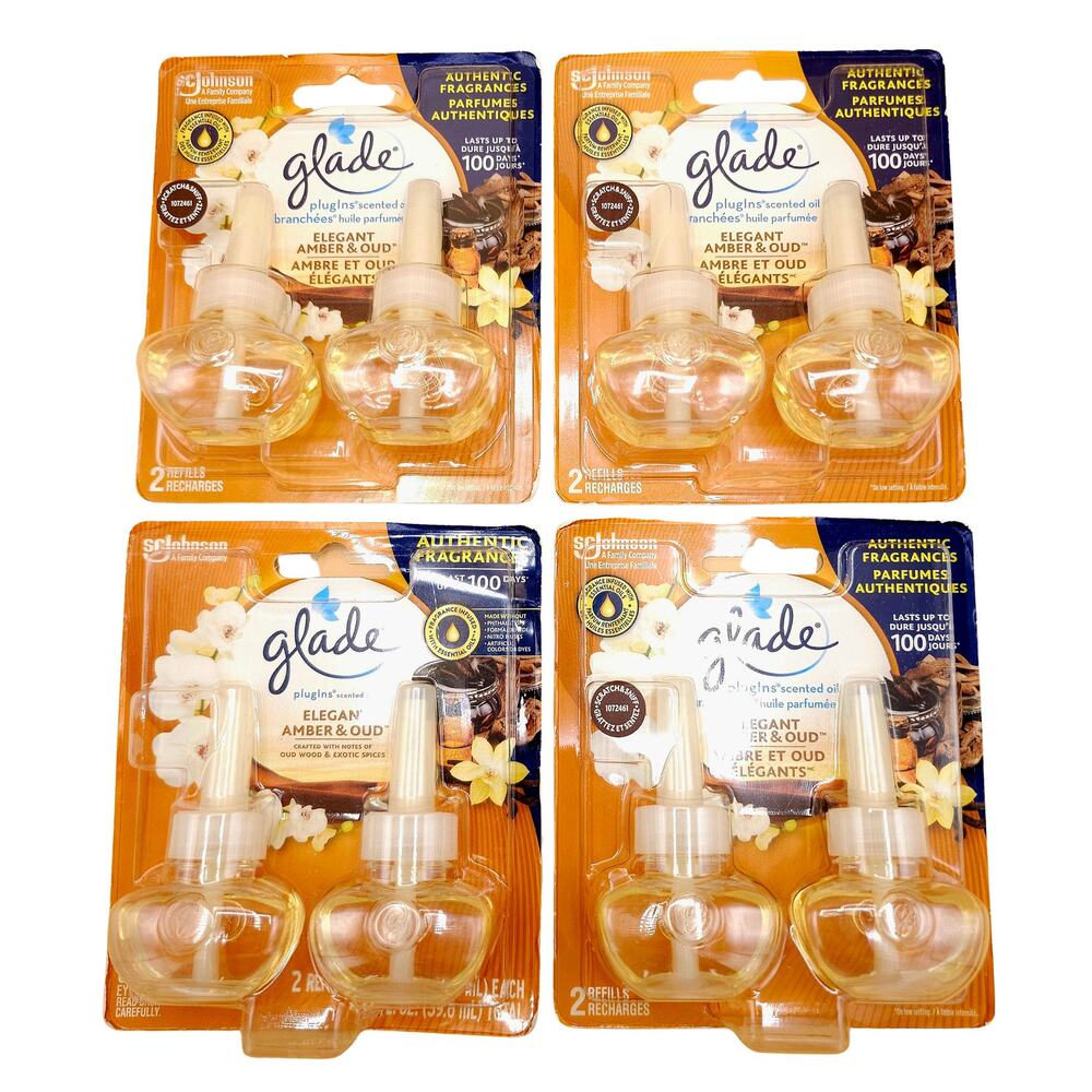 (4) Glade Plugins Refills Amber & Oud Wood Scented Oil 2-Packs w/ Essential Oils